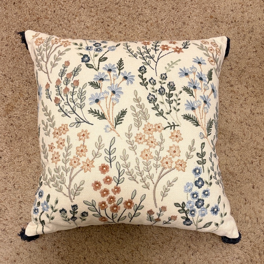 Kirklands Floral Embroidered Pillow - Cream, Blue, and Brown